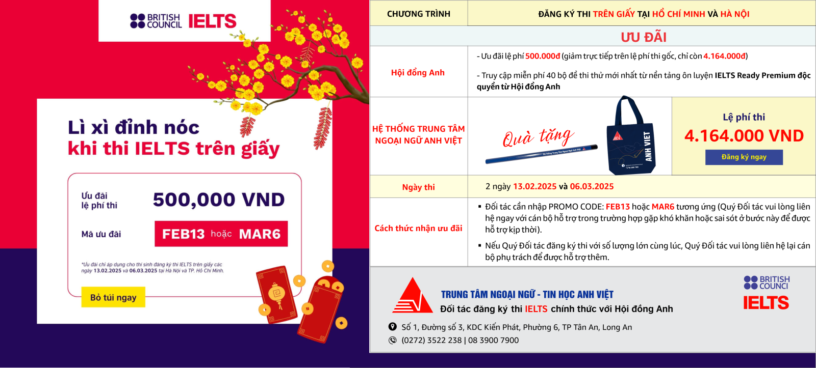 ƯU ĐÃI ĐẶC BIỆT ĐẦU NĂM 2025 KHI ĐĂNG KÝ THI IELTS VỚI HỘI ĐỒNG ANH TẠI TRUNG TÂM NGOẠI NGỮ - TIN HỌC ANH VIỆT