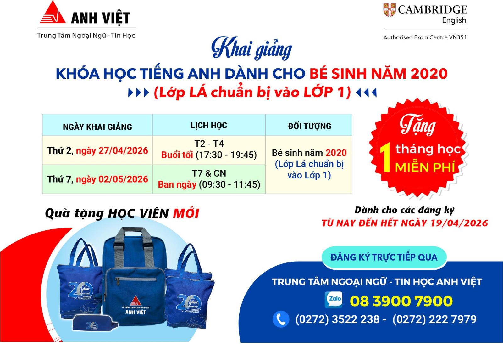 ƯU ĐÃI ĐẶC BIỆT CHO BÉ SINH NĂM 2020 (Lớp LÁ chuẩn bị vào lớp 1)