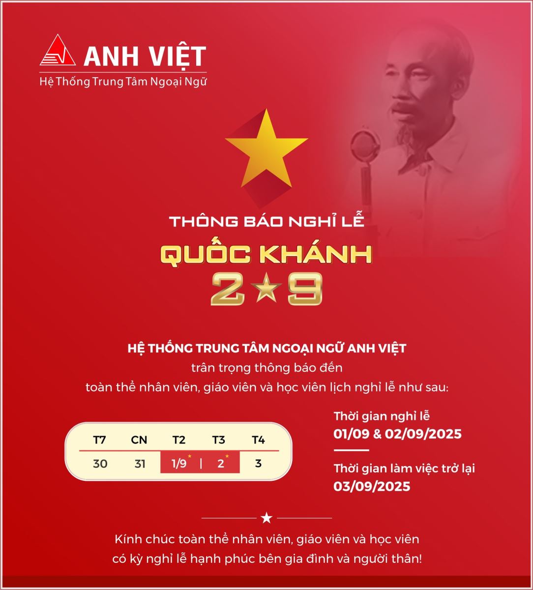 THÔNG BÁO NGHỈ LỄ QUỐC KHÁNH 02/09 NĂM 2025